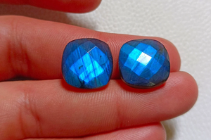 Blue Flash Labradorite <b>Cushion</b> Checker Cut Loose Gemstone Pair 15mm Double Sided Faceted Stone For Jewelry Making Flat <b>Back</b> - Product Image 2