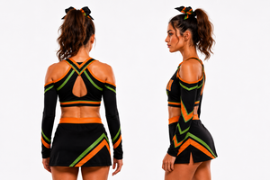 Ensemble d'uniformes de cheerleading sur mesure pour femmes, en polyester, avec haut court à manches longues et mini-jupe, orné de strass - Product Image 2