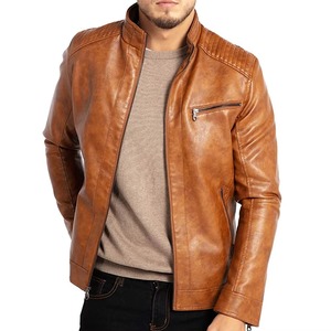 Veste en cuir véritable marron pour homme, col montant, fermeture éclair, style moto, coupe ajustée, pour l'automne, couleur unie, manches classiques - Product Image 2