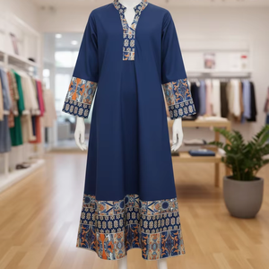 Elegante Vestido Largo Kaftan Azul Marino, Cuello Redondo, Estilo Bohemio, Transpirable y Ligero, Colección de Verano para Mujer - Product Image 1