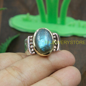 Anillo de cabujón de labradorita natural, plata 925, hecho a mano, latón, cobre, joyería artesanal estilo boho, anillo artesanal para mujeres y hombres - Product Image 5