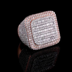 Luxury Moissanite Iced Baguette <b>Ring</b> Rose Gold Tone Diamond Look <b>Statement</b> <b>Ring</b> Hip Hop Jewelry Bold Square Design - Product Image 1