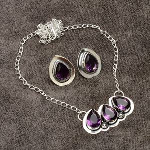 Ensemble de bijoux de luxe en argent sterling 925, collier et boucles d'oreilles en améthyste naturelle taille goutte d'eau pour femme, bijoux de mariage - Product Image 4