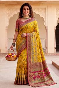 Sari en soie Pashmina Rajwadi, tissage de fils cachemiriens, pallu, bordure Zari lourde, doux, traditionnel, pour mariage et fêtes - Product Image 4