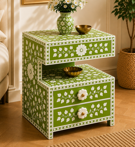 Resin Bone Inlay Nightstand With Drawers & <b>Shelf</b> Pink Floral Moroccan Style Cabinet <b>Bedside</b> End Table For Bedroom Hotel Decor - Product Image 2