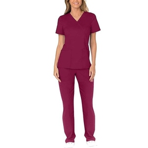 Haut de blouse médicale pour homme, col en V, manches courtes, couleur bordeaux, avec poche, en coton et polyester tissé, ensemble uniforme d'hôpital - Product Image 5