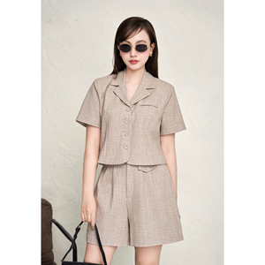 Conjunto de Chaleco Corto y Pantalones Cortos Beige para Mujer, Estilo Casual, Cuello con Muescas, Cómodo, Antiestático, con Botones, ZELDA - Product Image 2