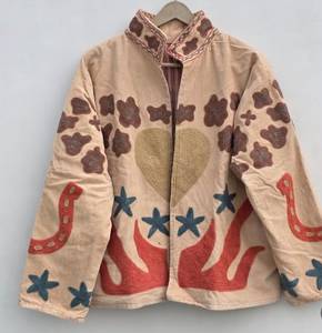 Hand Embroidered Corduroy <b>Jacket</b> With Floral And Star Pattern <b>Mandarin</b> <b>Collar</b> Full Sleeve Autumn Women's Prairie Chic Style - Product Image 4