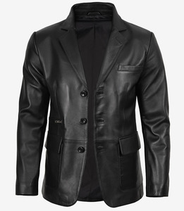 Custom Men's Black <b>Leather</b> <b>Blazer</b> | Three-Button Formal Lambskin Coat | OEM Apparel Manufacturer - Product Image 1