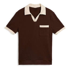 Vente en gros de vêtements en tricot pour hommes, logo personnalisé, doux, 100% coton, poche côtelée, col en V, manches courtes, haute qualité, été - Product Image 3