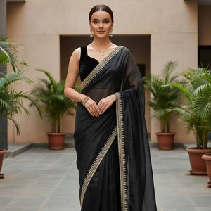 Sari en tissu sergé doux pour occasions spéciales avec broderie de sequins Jari Dori et bordure en dentelle de velours fantaisie - Product Image 1