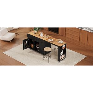 Isola da Cucina K K 85.5'' con Tavolo da Pranzo Estensibile, 3 Ripiani Aperti Laterali e Carrello da Cucina con Ruote, Tavolo Contenitore per Cucina - Product Image 2