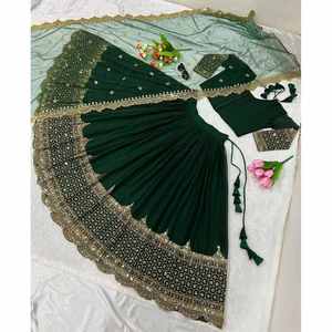 MARIAGE BRODERIE SEQUENCE TRAVAIL LEHENGA CHOLI AVEC DUPATTA VERT - Product Image 1