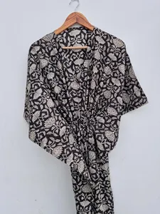 Ethnic Women's Floral Block Print <b>Black</b> <b>Kaftan</b> Dress Loose Fit 100% Cotton Summer beach wear Holiday Long dress - Product Image 4