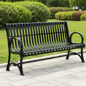 Black Steel Slat Garden <b>Bench</b> Outdoor Park Patio Seating with Circular Armrest Modern Durable Lawn Furniture Premium Style - Product Image 2