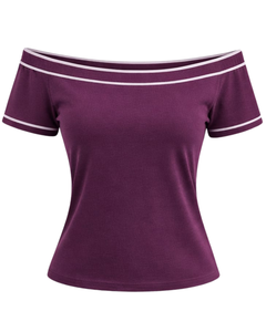 T-shirt femme violet prune à épaules dénudées avec bordure rayée blanche, manches courtes, coupe ajustée, décontracté, haut d'été, fabricant OEM personnalisé - Product Image 1