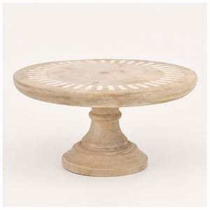 Handcrafted Mango Wood <b>Cake</b> <b>Stand</b> Rustic Whitewash Pedestal With Carved White Inlay Pattern For Farmhouse Wedding Decor Birthday - Product Image 3