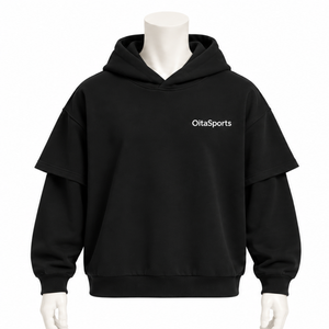 Sweat à capuche noir double couche surdimensionné à manches courtes avec empiècement manches longues, style streetwear décontracté, épais - Product Image 1