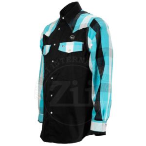 Chemise de travail à manches longues pour homme, noire et bleue à carreaux, avec poches poitrine, fermeture boutonnée, vêtement ignifuge en coton, niveau FR - Product Image 2