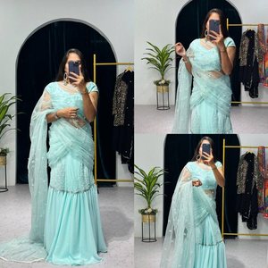 ÚLTIMO GEORGETTE BORDADO TRABAJO LEHENGA SAREE CON BLUSA SIN COSTAR SKY Lungi - Product Image 3