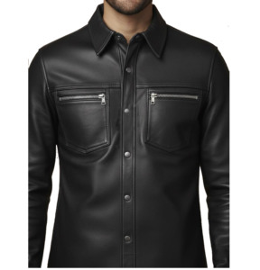 Chemise en cuir noir pour homme, manches longues, col rabattu, style motard, chemise décontractée, couleur unie, vêtements d'automne, mode cuir - Product Image 6