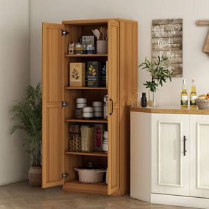 Meuble de rangement de cuisine autoportant en bois de teck cannelle avec 2 portes et 2 étagères réglables pour salle à manger - Product Image 2