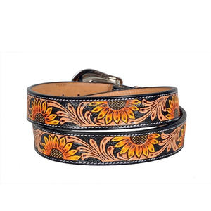 Hand <b>Tooled</b> Pattern Sunflower <b>Engraved</b> Men's Western Leather <b>Tooling</b> Belt with Attractive Single Prong Brass Buckle Cowboy Belt - Product Image 1