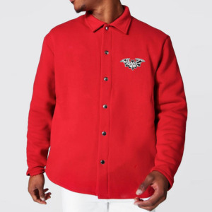 Camisa de Forro Polar Roja para Hombre, Chaquetas Deportivas con Cuello Camisero, Logotipo de Murciélago Bordado, Ropa Casual de Otoño, Corte Regular - Product Image 3