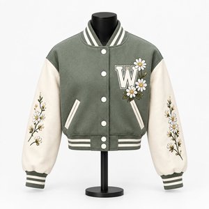 <b>Women</b> Cropped <b>Varsity</b> <b>Jacket</b> Floral Embroidery Letterman Bomber <b>Jacket</b> Leather Sleeve College Streetwear - Product Image 1