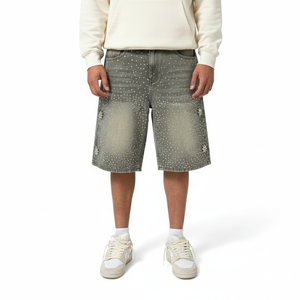 Shorts de mezclilla pesados personalizados para hombre, estilo urbano, con pedrería en toda la prenda, shorts de mezclilla para hombre y mujer - Product Image 1