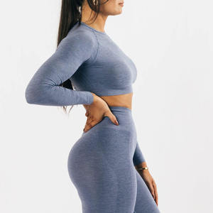 Vente en gros de vêtements de sport pour femmes avec logo personnalisé, hauts courts à manches longues extensibles sans couture, pantalons de yoga - Product Image 4