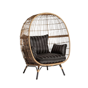 Fauteuil œuf en rotin pour extérieur, siège de jardin avec coussin à motifs noirs, mobilier au design contemporain - Product Image 1