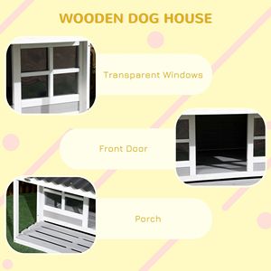 Cuccia per Cani di Taglia Media-Grande in Legno con Veranda, Tetto Inclinato Rettangolare e Porta Anteriore, Villa da Esterno con Finestre - Product Image 4