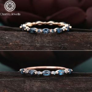 Charm_Jewells Rose Gold Eternity <b>Band</b> <b>Ring</b> with Cushion Cut Blue Moissanite Prong Setting Women's Classic Engagement <b>Ring</b> - Product Image 4