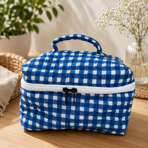 Quilted Striped Water Resistant Hanging Cosmetic Bag Zipper <b>Makeup</b> <b>Case</b> Portable for Organizer Travel Pouch Soft Handle - Product Image 3