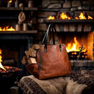 Sac de transport pour bois de chauffage en cuir véritable et bois, robuste, fait main, style vintage, porte-bûches, LWC-0055 - Product Image 1