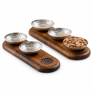Wooden Serving Tray with Metal Bowls | Ramadan Eid Dates Serving Platter Handmade Kitchenware Dinnerware Tray <b>Gift</b> Islamic Home - Product Image 1