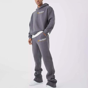 Ensemble de survêtement en polaire gris uni à capuche pour homme Husky, sweat-shirt et pantalon long en polyester avec logo imprimé, vêtements décontractés d'hiver - Product Image 1