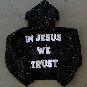 Custom Patchwork Embroidery Print <b>Hoodie</b> <b>Zipper</b> Graphic Heavyweight Streetwear <b>Black</b> Hand Embroidery Men Zip up Rhinestone Hoody - Product Image 2