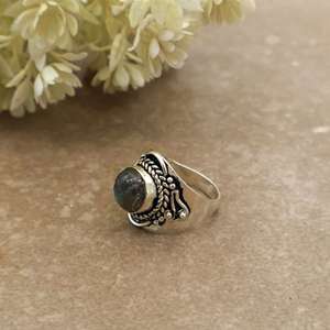 Vintage Natural <b>Labradorite</b> Bezel Setting Statement <b>Ring</b> Brass Plated Adjustable Band Antique Boho Ethnic Handmade Unisex - Product Image 4