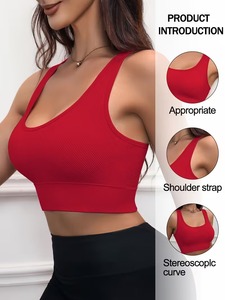 Seamless Ribbed Band Fitness Crop Top | Scoop Neck Racerback <b>Running</b> Sports Bra | Ladies <b>Padded</b> Compression Exercise Wear - Product Image 3
