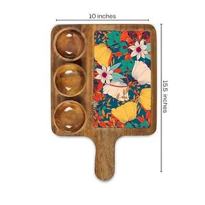 Handcrafted Mango Wood Rectangular Serving <b>Platter</b> with 3 Bowl Set for Starters Handles Serving Decor Dessert Serving Tray - Product Image 3