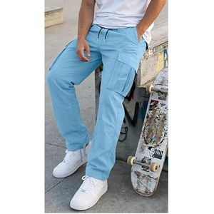 Men's <b>Light</b> Blue Cargo Pants Elastic Waist Drawstring Multiple Pockets Casual Loose Fit Lightweight Cotton <b>Trousers</b> Summer Wear - Product Image 1