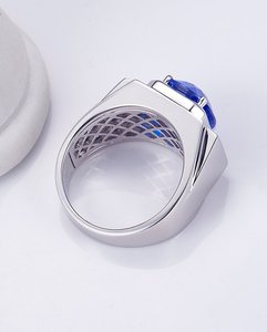 Square <b>Emerald</b> Cut Blue Center Stone Rose Gold Plated 925 <b>Silver</b> <b>Ring</b> Red Side Stone Vintage Statement Band Daily Wear - Product Image 4
