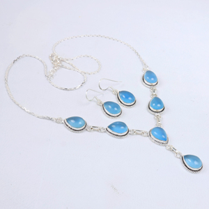 Ensemble de bijoux en argent sterling 925 avec pierres précieuses naturelles de calcédoine bleue en forme de goutte et boucles d'oreilles assorties, vente en gros - Product Image 2