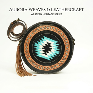Sac bandoulière rond en cuir style cowgirl western, fait main, avec décorations turquoise et motif tapis aztèque, sac messager circulaire tendance - Product Image 1