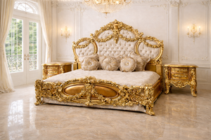 Ensemble de lit sculpté en feuilles dorées de style arabe-persan, meubles de chambre à coucher de luxe sur mesure, lit en teck avec tables de chevet pour la maison, USA. - Product Image 3