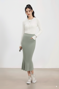 Jupe midi en laine côtelée pour femme, taille haute, coupe trapèze, ajustée, décontractée, en tissu extensible, design minimaliste et élégant - Product Image 6