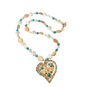 Collier long fait main vintage en forme de cœur avec perles de turquoise verte et pierres naturelles, pendentif chaîne de pull - Product Image 2