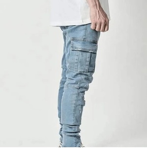 Pantalones de mezclilla ajustados para hombre, estilo cargo, elásticos, con cremallera, para trabajo, lavados, de corte slim, ropa masculina - Product Image 4